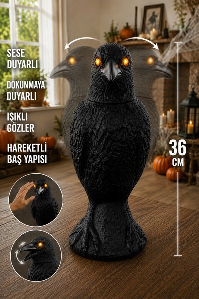 Huzur Party Store 36 cm Sese Dokunmaya Duyarlı Kuzgun Karga Işıklı Gözlü Hare...