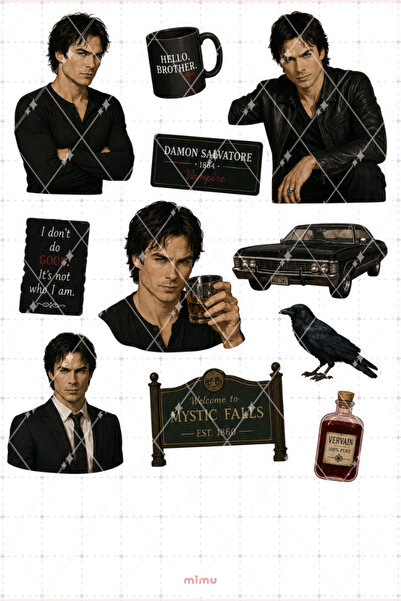 Mimu Art Studio Damon Salvatore Sticker Seti Mystic Falls ve Vampir Temalı De...