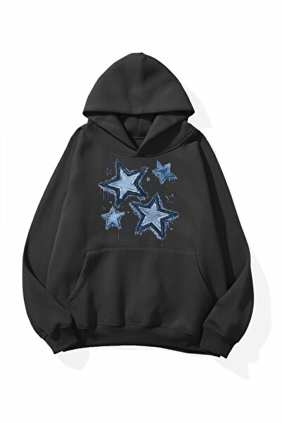 uyguntarz Unisex Soft Textured Denim Stars Printed Design Oversize 3 Thread H...