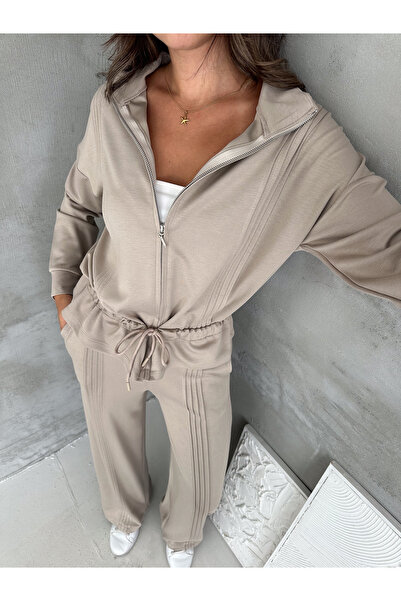 MİSPİER Modal Fabric Ribbed Drawstring Detailed Zippered Set