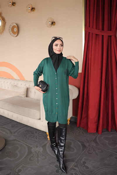 İmajButik Emerald Green Collar Embroidered Cold Yarn Knitwear Cardigan