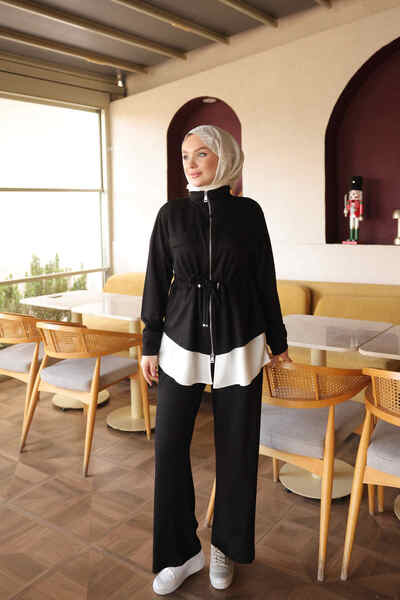 İmajButik Siyah Bel Bağlamalı Tunik Pantolonlu Takım