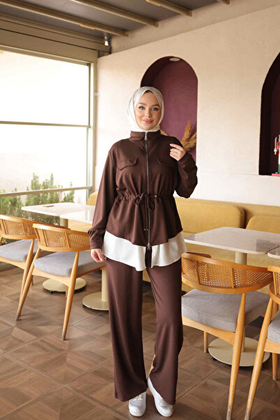 İmajButik Brown Waist-Tie Tunic and Trousers Set