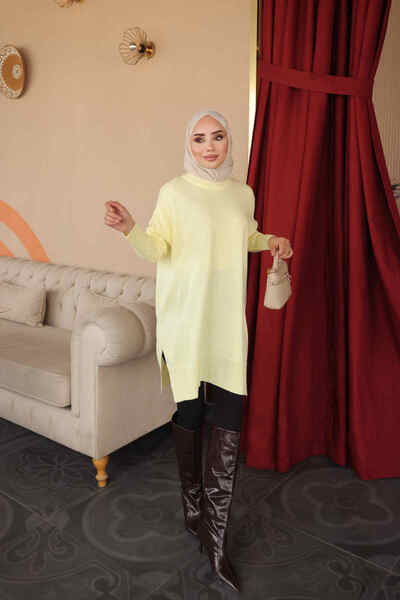 İmajButik Limon Sarısı Bisiklet Yaka Merserize Salaş Triko Tunik