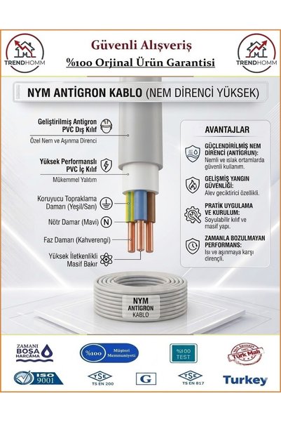 ÖZNUR 3x2,5 NYM Antigron Elektrik Kablosu - %100 Bakır - 15 Metre