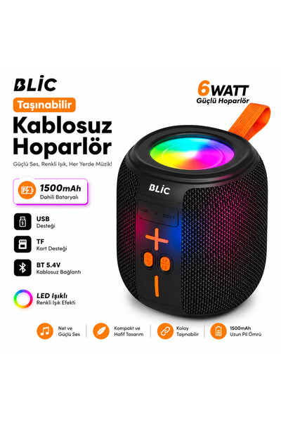 Blic BLS-88 6W Bluetooth Hoparlör, LED Işıklı, Taşınabilir, USB & TF Kart Des...