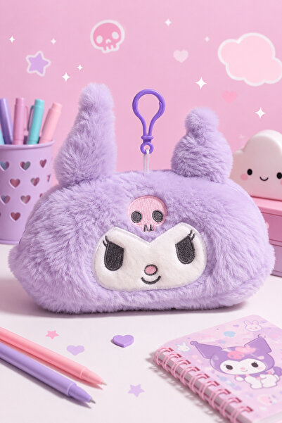 synshop Cute Cat Purple Kuromi Patterned Plush Pencil Case – Large Capacity Z...