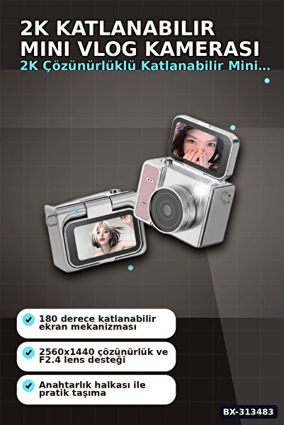 Eco Lounge 2K 1.47 İps Ekranlı 180 Derece Katlanabilir Mini Vlog Kamerası - Anahtarlık Boy BX-313483
