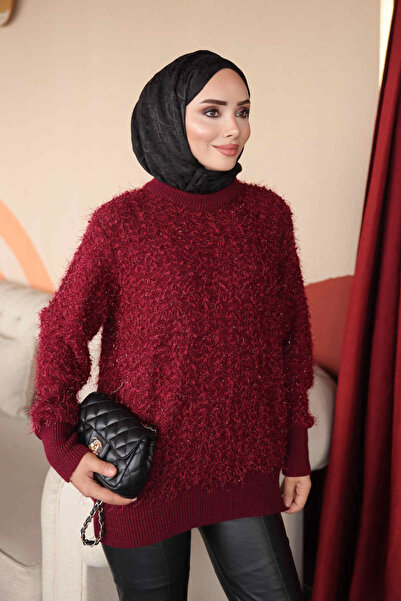 İmajButik Burgundi pulover sa okruglim izrezom od srebrnog angorskog mekog pl...