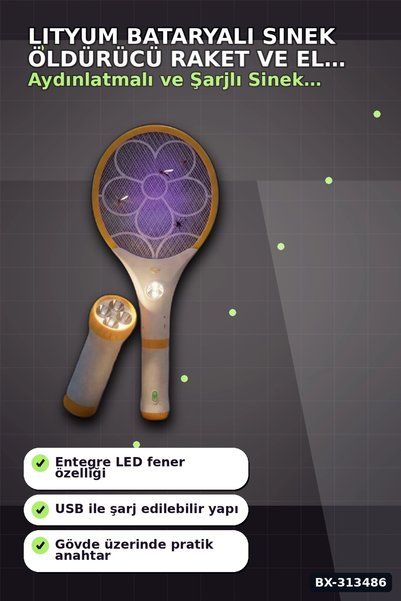 Eco Lounge Lityum Bataryalı Sinek Öldürücü Raket - El Feneri ve LED Işıklı, 1 Adet BX-313486