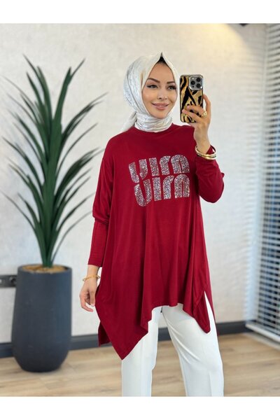 ALANURMODA 24277 Önü Taş Yazılı Tunik Bordo