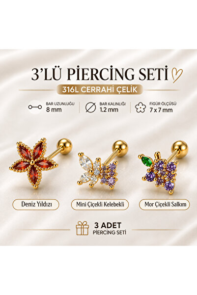 Heppii 3'lü Piercing Seti 316L Çelik Helix Tragus Kıkırdak Deniz Yıldızı Çiçe...