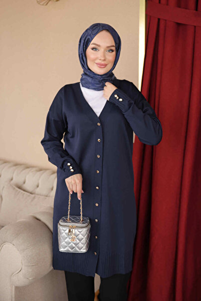 İmajButik Navy Blue Buttoned Cold Yarn Knitwear Cardigan