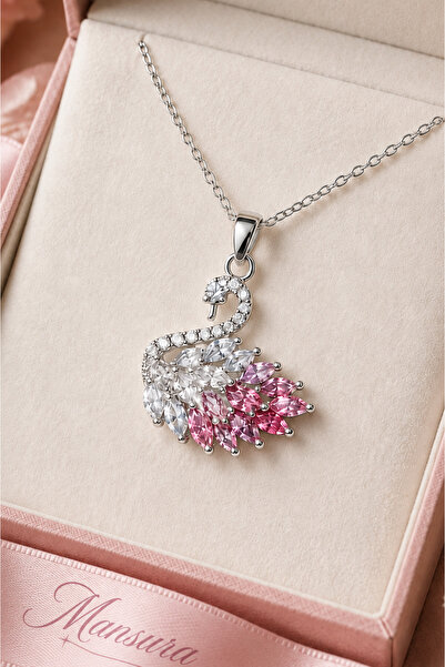 Mansura Pembe Kuğulu Pink Swan Taşlı Gümüş Çelik Kolye