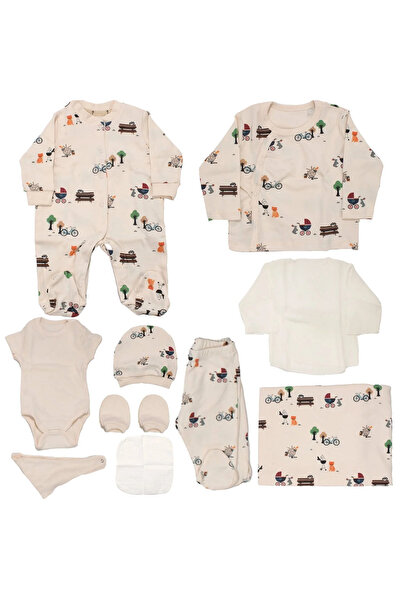 bebegen Unisex ecru bicycle & tree picnic print organic 10-piece newborn hosp...