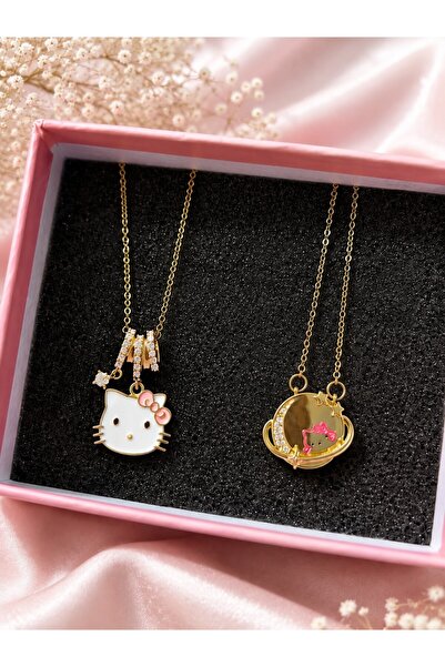 deryora Hello Kitty 2’li Kolye Seti Pembe Takı Kutulu Gold Renkli Sevimli Ked...