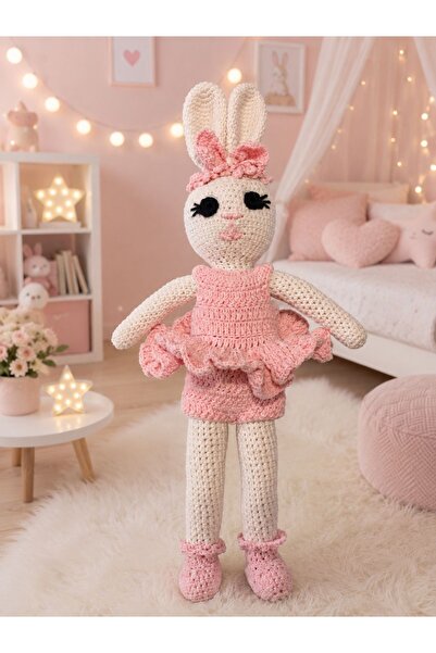 El Yapımı Örgü Tavşan Bebek – Pembe Elbiseli Amigurumi Oyuncak & Dekoratif Figür