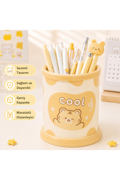 synshop Kawaii Yellow Cool Teddy Bear Patterned Desktop Pen Holder Organizer ...