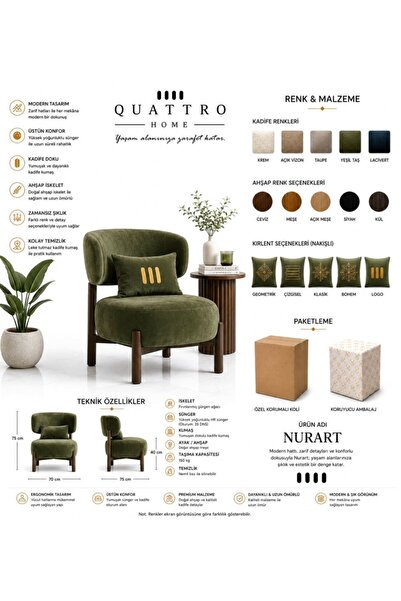 QUATTRO HOME Nurart Kadife Berjer – Doğal Ahşap Meşe Ayaklı Modern Koltuk