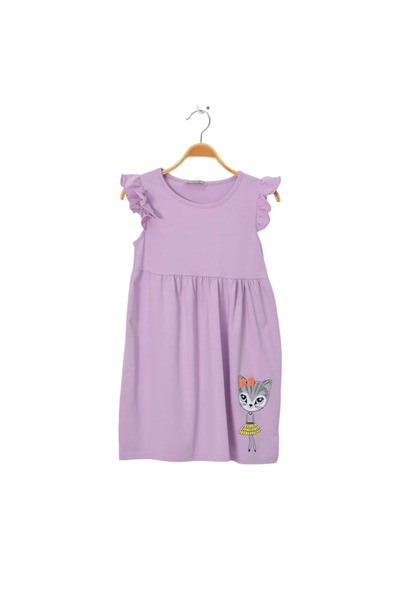 bebegen Girl's Lilac Dress with Ruffled Sleeves and Cat Print