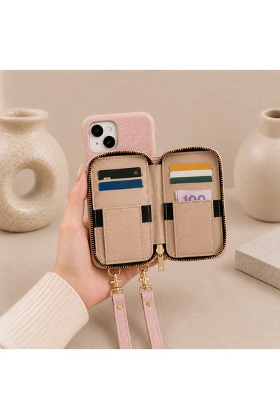 botyco iPhone 13 (6.1 Inch) Compatible Premium Lux Leather Case with Open Sides, Slim Design, Wallet, Zipper, Card Holder, Crossbody Neck Strap, Drawstring Strap