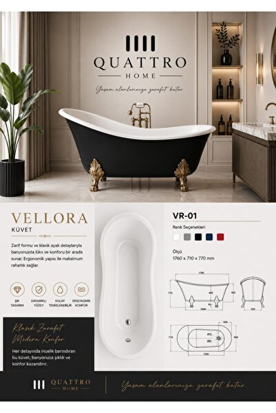 QUATTRO HOME Vellora VR-01 Klasik Freestanding Küvet 176x71 cm Siyah Beyaz Ak...