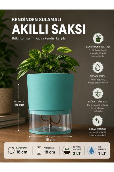 kolyosmarket Kendini sulayan akıllı saksı 2lt toprak hazneli 1lt su haznesi 1...