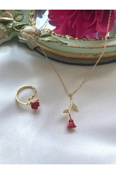 Asia by Leuvoié Asia by Leuvoie Adjustable Red Rose Ring and Necklace Set