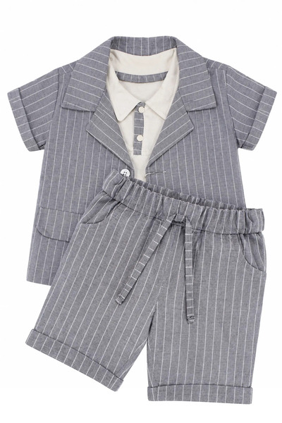 bebegen Boy's Ecru Gray Striped Shirt, Jacket and Shorts 3-Piece Set