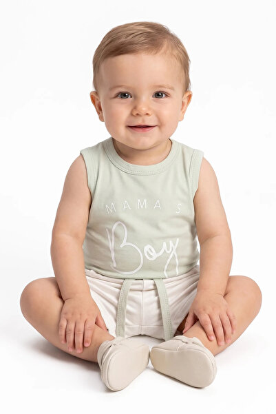 bebegen Baby Boy Ecru Green Mamas Boy Written Shorts 2-Piece Set