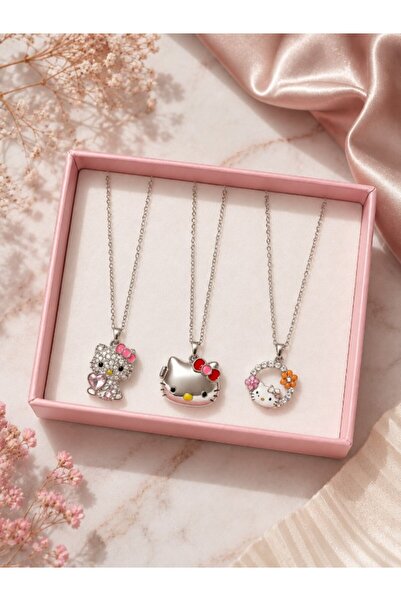 deryora Hello Kitty 3’lü Kolye Seti Şık Pembe Takı Kutulu Sevimli Kedi Figürl...