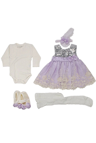 bebegen Baby Girl Lilac Gray Sequined Floral Guipure Dress Mevlüt Set