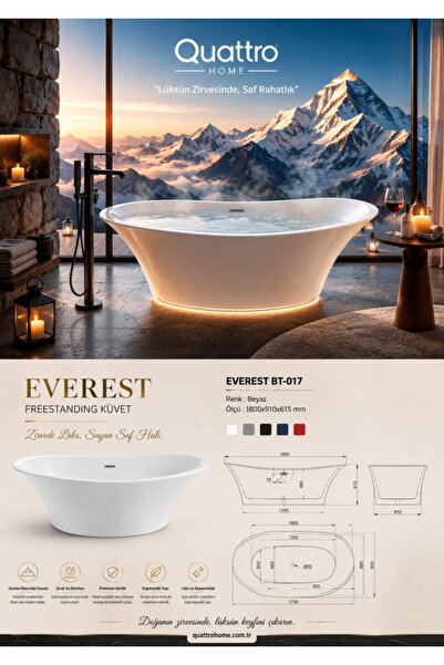 QUATTRO HOME Everest BT-017 Freestanding Küvet 180x91 cm Premium Akrilik Bağı...