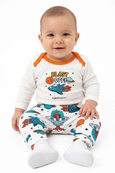bebegen Baby Boy White Orange Piping Blast of Space Printed 2-Piece Bodysuit Set