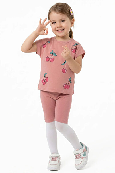 bebegen Girl's Pink Cherry Patterned Shorts 2-Piece Set