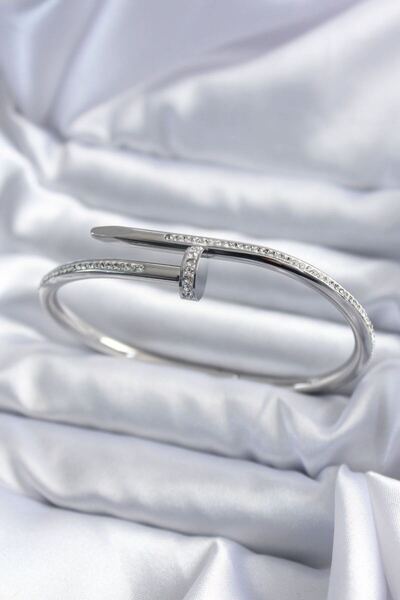 norsary 316L Steel Silver Color Nail Model Zircon Stone Detail Women's Bracelet