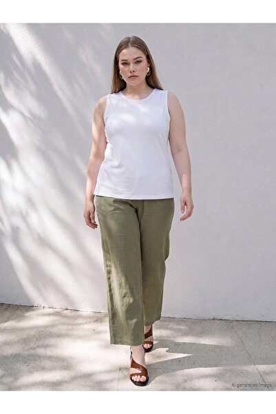 LC Waikiki Ozmarka New Season Khaki Plus Size Linen Blend Women's Trousers