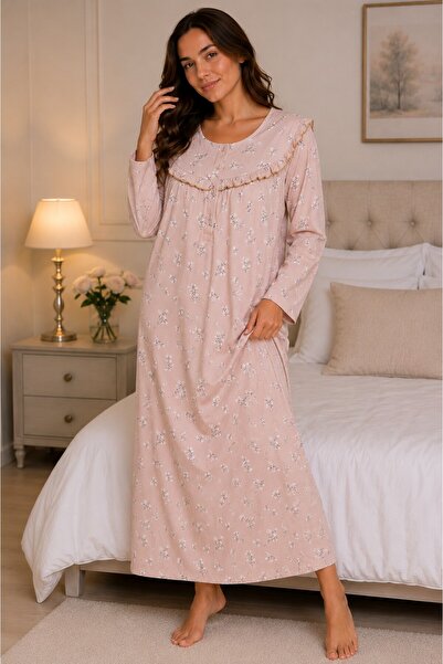 Alize Moda Long Sleeve 100% Cotton Floral Patterned Oversized Women's Nightgown