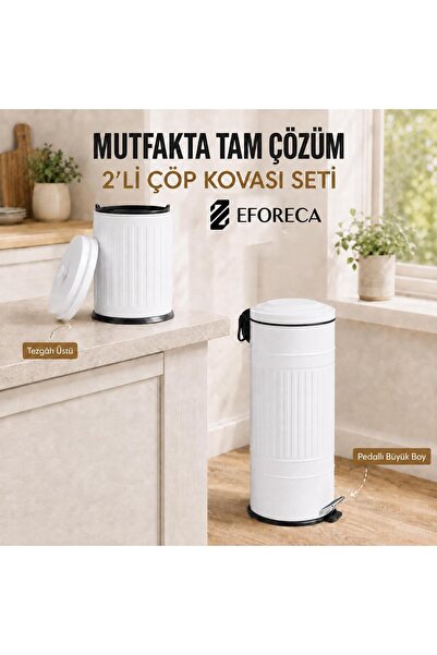 Eforeca 2’li Mutfak Çöp Kovası Seti – Pedallı Büyük Boy & Tezgah Üstü Mini Ko...