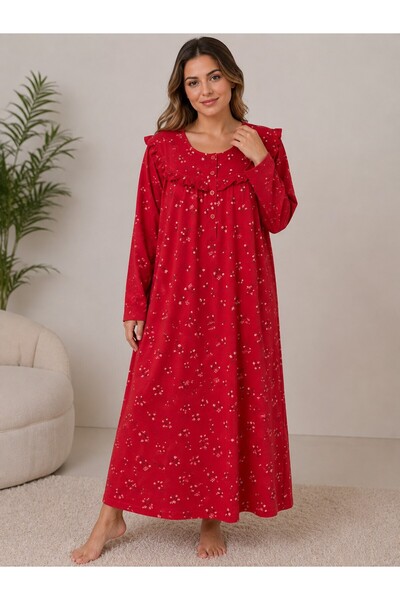 Alize Moda Long Sleeve 100% Cotton Floral Patterned Oversized Women's Nightgown