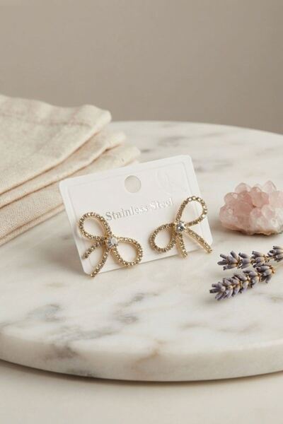 norsary 316L Steel Gold Color Zircon Stone Bow Model Earrings