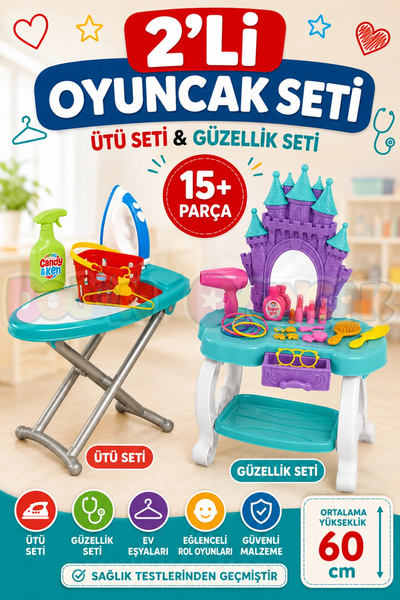 Doğan Oyuncak Dünyası 2'li Oyuncak Seti Ütü Masası ve Şato Güzellik Masası Ku...