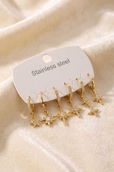 norsary 316L Steel Gold Color Zircon Stone Pole Star Model Women's Earring Set