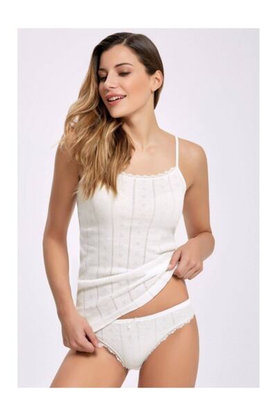 Zulu Ticaret Tutku-Jacquard Thread Strap Ecru Bottom-Top Set Dng Tekstil