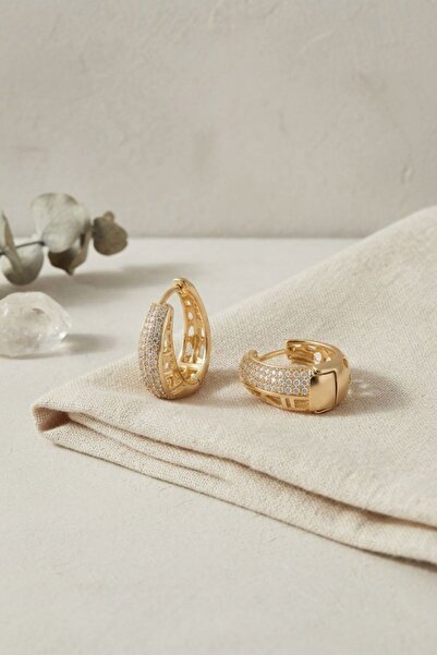 norsary Gold Color Zircon Stone and Motif Detailed Drop Hoop Model Women's Ea...