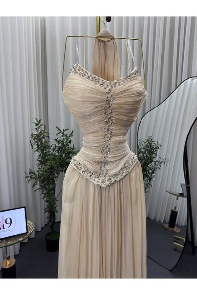 Boutique 219 Beige Shiny Chiffon Evening Dress