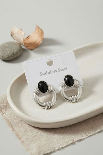 norsary 316L Steel Silver Color Vintage Black Stone Earrings