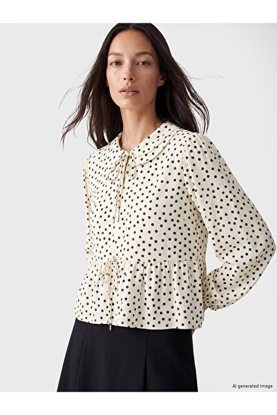 LC Waikiki Ecru Tie-Neck Polka Dot Ruffle Blouse