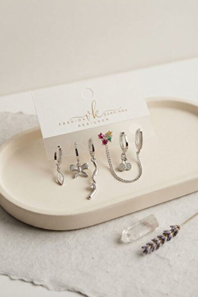 norsary Silver Color Brass Zircon Stone Cherry Detailed 6-Piece Earring Set C...