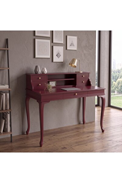 ROYS AHŞAP 110 Cm 5 Çekmeceli Bordo Raflı Masif Çalışma Masası